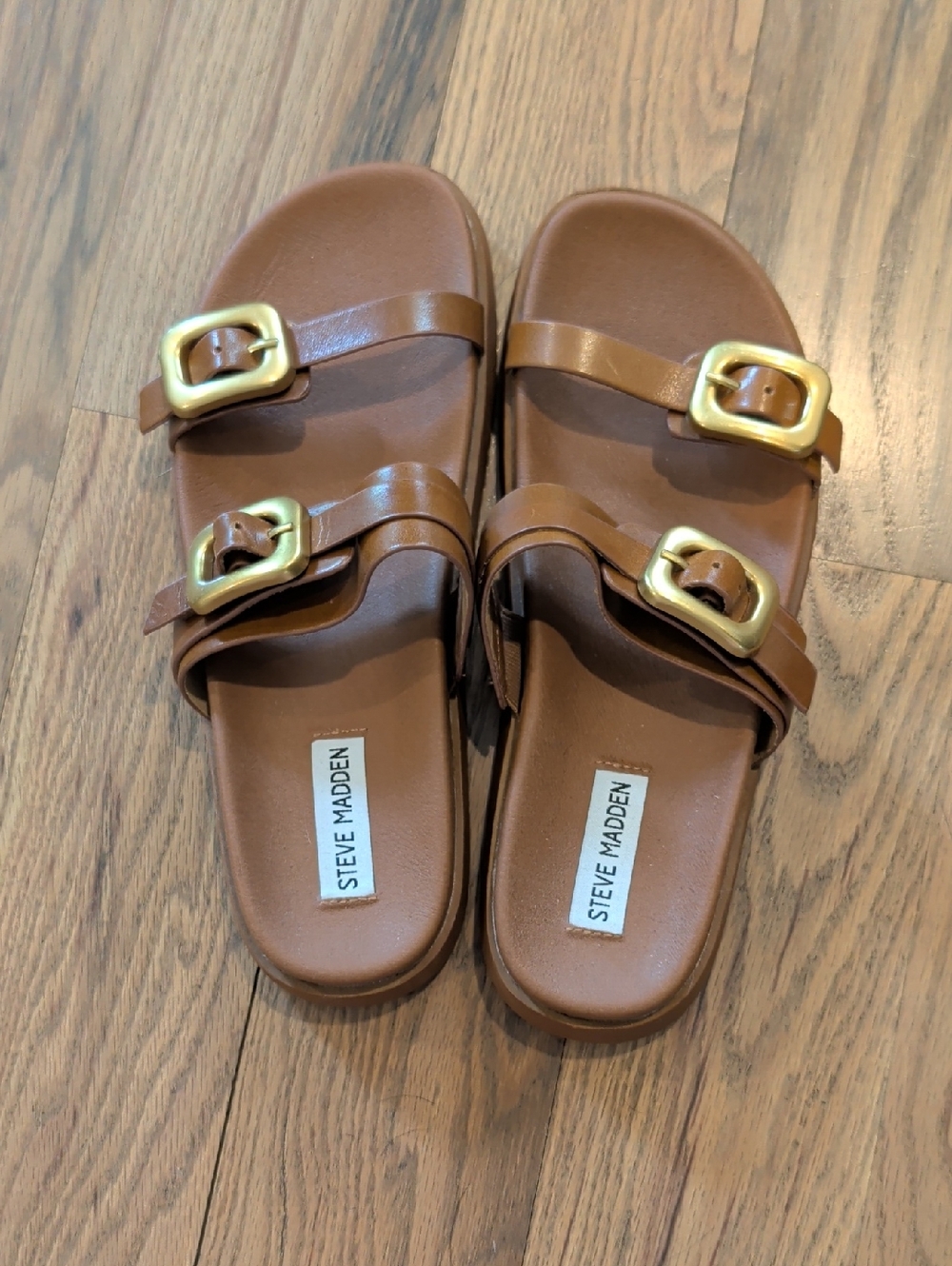 Steve Madden Tan Leather Double-Buckle Slide Sandals